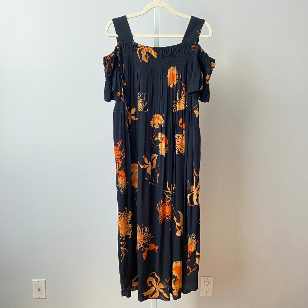 Dries Van Noten 100% Silk Tropical Floral Smocked Maxi Dress 34β Black